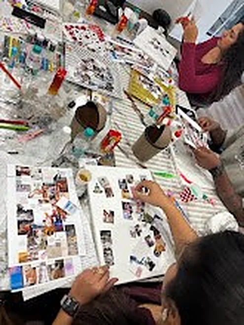 Vision board collage workshop seen from above